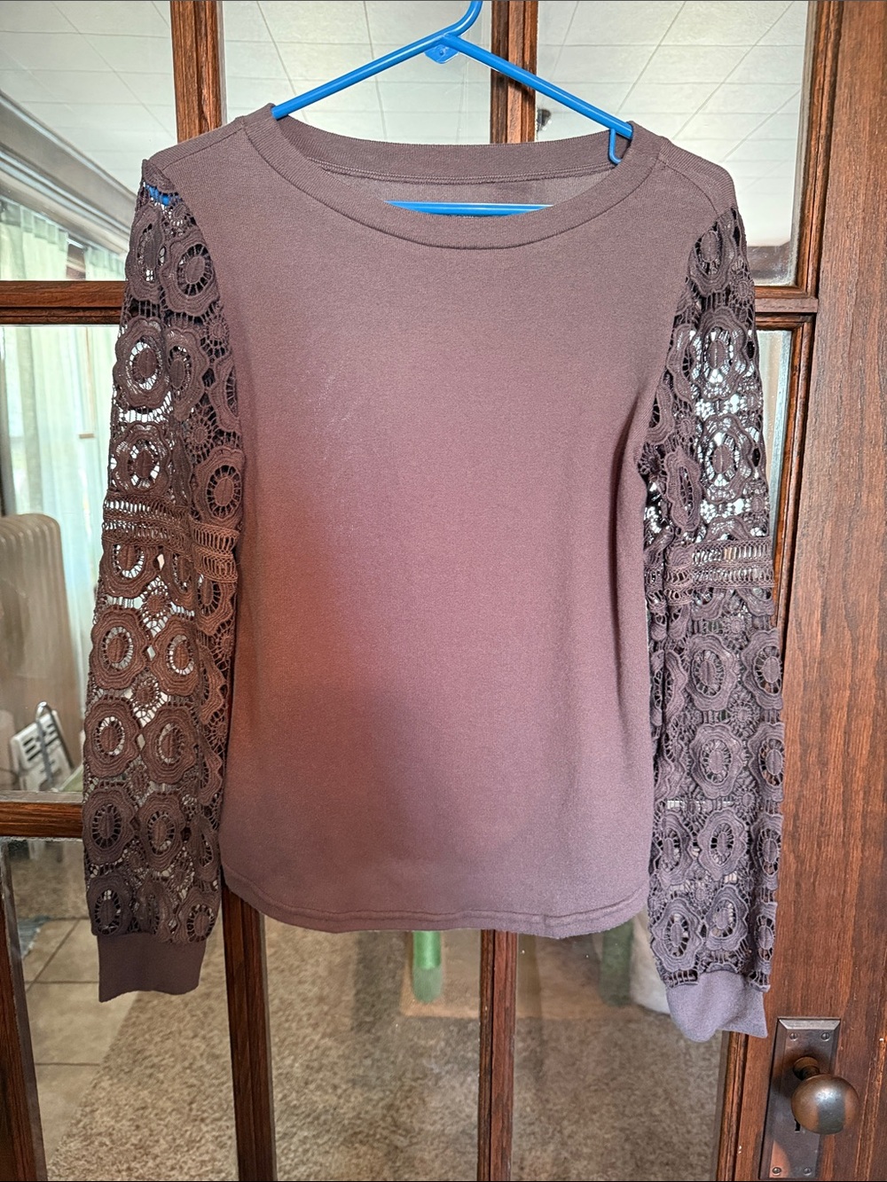 Tickled Teal Womens Charcoal Grey Crochet‎ Lace Balloon Sleeve Knit Top Medium